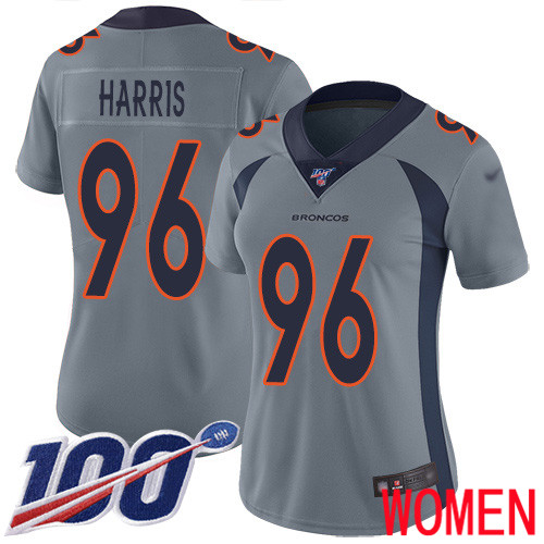 Women Denver Broncos #96 Shelby Harris Limited Silver Inverted Legend 100th Season Football NFL Jersey->women nfl jersey->Women Jersey